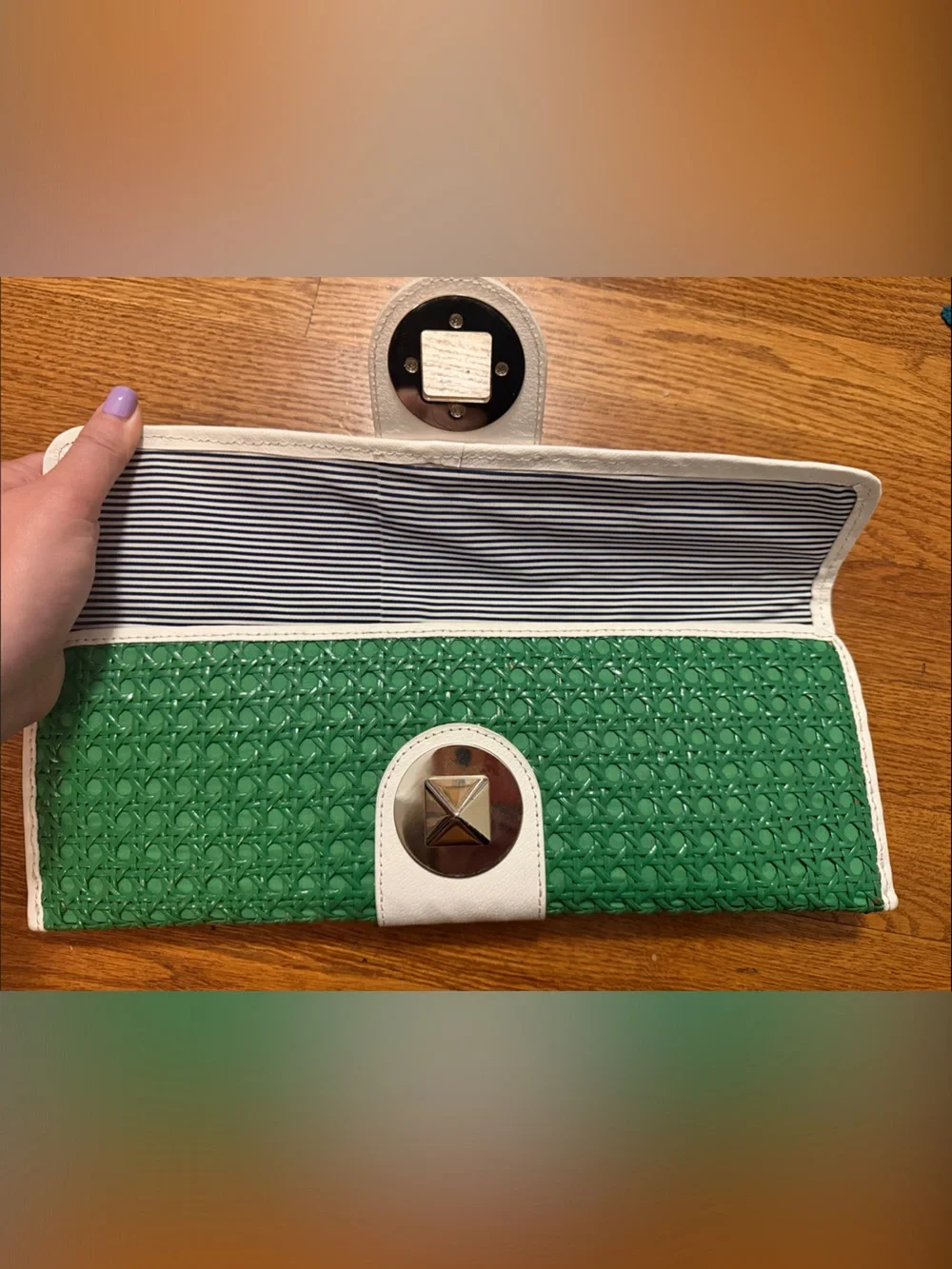 Kate Spade Green Woven Clutch with Cream Trim and Turn Lock